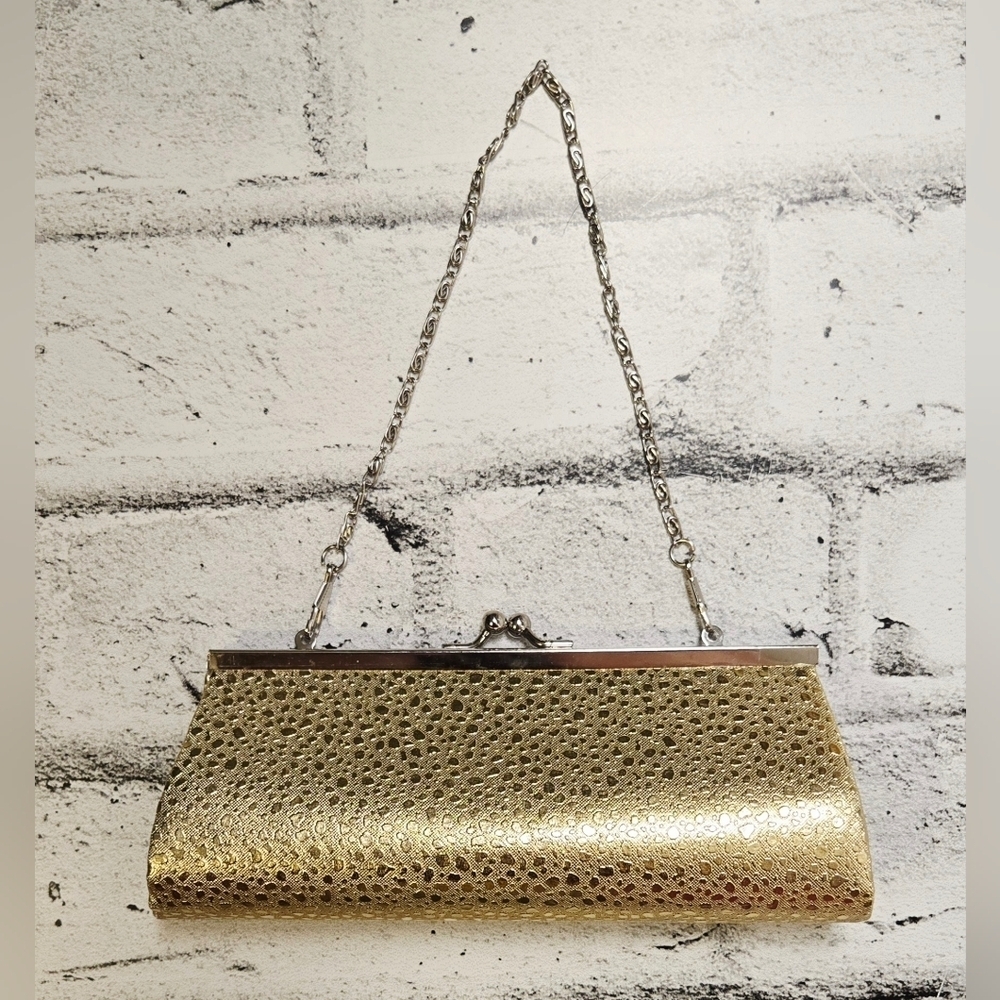 Gold Metallic Evening Clutch Kiss-Lock Bag w/ Chain Strap Vintage Style